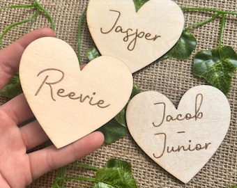 Love heart name place cards, engraved name place card, wedding guest name favours, wood engraved cut out, custom name gift