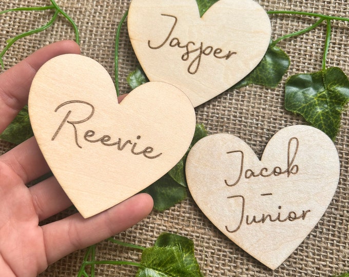 Love heart name place cards, engraved name place card, wedding guest name favours, wood engraved cut out, custom name gift