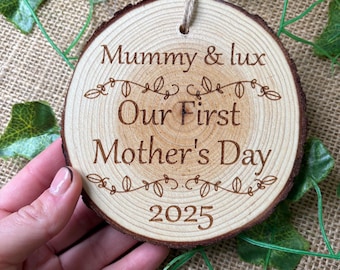 Our first Mother’s Day, Gift for mum, First Mother’s Day 2025 keepsake, Engraved wood slice ornament, Mother’s Day magnet, New mum gift