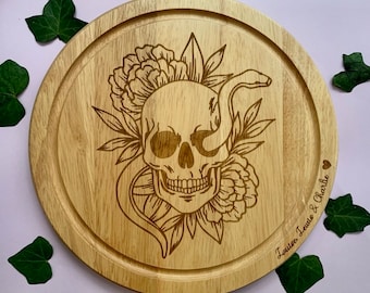 Engraved Skull and Snake Chopping Board: Custom Hevea Wood Gift