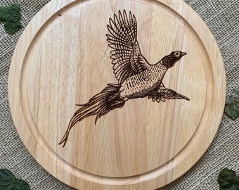Engraved Pheasant Chopping Board: Hevea Wood Kitchen Decor