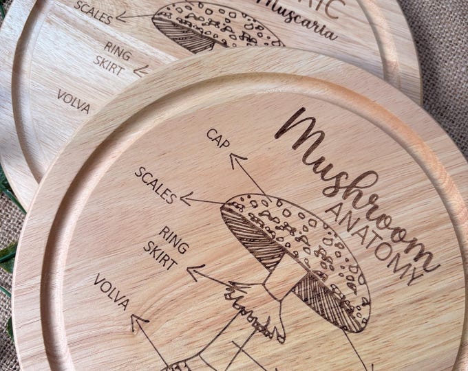 Engraved Mushroom Wood Chopping Board: Mushroom anatomy, fly agaric, mushroom diagram, shroom lover