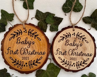 Engraved Wood Slice Ornament: Baby's First Christmas Keepsake