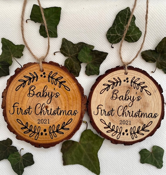 Engraved Wood Slice Ornament: Baby's First Christmas Keepsake