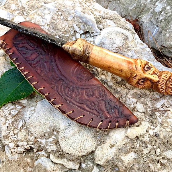 Rustic obsidian knife with carved wood spirit handle