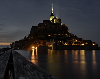 Night Mont-Saint-Michel at high tide, Castle in France, French Home Decor, Château, Castle Canvas Art, French Art, French Architecture