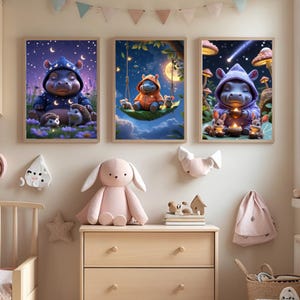 Póster Hipopótamo Mágico para la Hora de Dormir (paquete de 3) – 3 cuadros de pared para habitación de bebé – Decoración digital de buenas noches – Descarga A4 4K – Juego de pósteres para habitación infantil