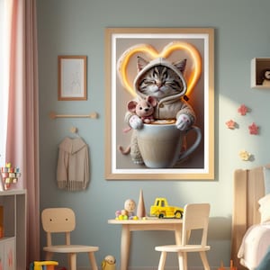 Póster de Gato con Café con Leche – Tazas para Abrazos – Decoración Infantil – Descarga Digital A4 – Arte Mural para Habitación de Bebé