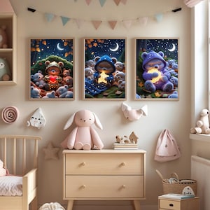 Lote de pósteres de 3 ositos – Imágenes de buenas noches con estrellas, corazones y nubes – Decoración digital para habitación infantil – A4 A3 A2 – Descarga instantánea