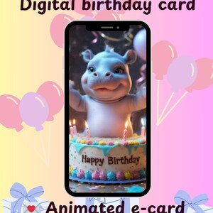 Animated digital birthday card – Cute Hippo | Happy Birthday video card | MP4 e-card instant download