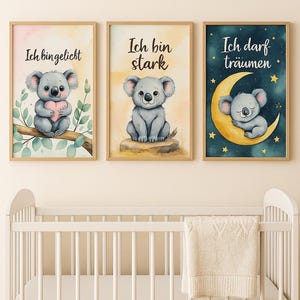 Paquete de carteles Afirmaciones Koala: 3 mensajes positivos para la habitación de los niños: Soy amado, soy fuerte, tengo permitido soñar.