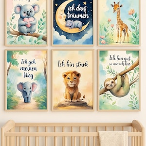 Conjunto de pósteres con afirmaciones para niños: 6 motivos de animales: koala, hipopótamo, león, jirafa, elefante y perezoso. Decoración digital de pared. Descarga instantánea en formato A4.