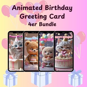 Tarjetas de felicitación digitales de cumpleaños animadas, paquete de 4 tarjetas de video de feliz cumpleaños con gatos y ositos de peluche, descarga para WhatsApp