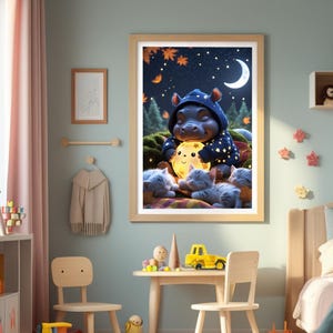 Póster de hipopótamo con luna – Imagen de buenas noches para habitación de bebé y niño – Descarga digital – A4, A3, A2 – Arte imprimible para habitación infantil