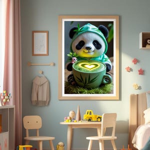 Póster de Panda en Matcha – Tazas para acurrucarse – Decoración infantil adorable – Descarga digital A4 – Arte mural para habitación de bebé