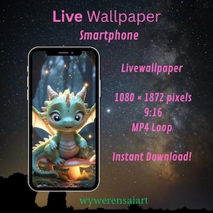 アニメドラゴンのスマホ壁紙 – かわいいベビードラゴンのループ – 心地よいファンタジーの背景 – デジタルダウンロードライブ壁紙