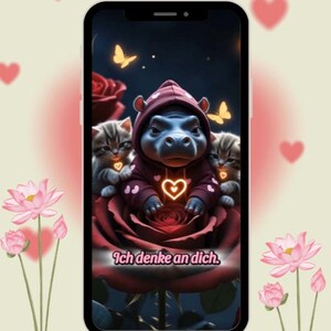 Biglietto d'auguri digitale "Sto pensando a te" – Biglietto video animato Ippopotamo con cuore e gattino – Scarica WhatsApp