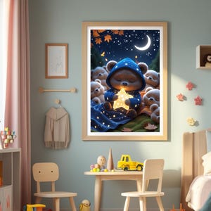 Póster de osito con estrella – Cuadro de pared de buenas noches para la habitación de los niños – Descarga digital en formato A4, A3 y A2 – Preciosa decoración de animales para imprimir