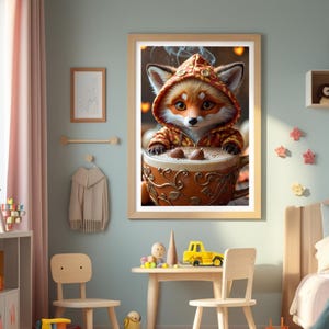 Póster de Zorro en Latte de Calabaza – Tazas para Abrazos – Decoración Otoñal para Habitación Infantil – Descarga Digital A4 – Arte Mural para Habitación de Bebé