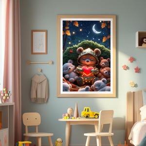 Póster "Buenas noches, osito" con corazón – Imagen digital para imprimir en la habitación de los niños – Descarga en formato A4, A3 y A2 – Decoración de pared