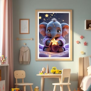 Póster de Elefante con Estrella – Imagen de Buenas Noches para Habitación Infantil – Descarga Digital – A4, A3, A2 – Arte Imprimible para Habitación Infantil