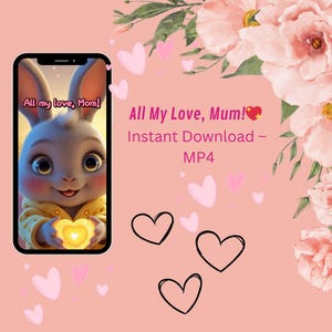 Carte de fête des mères animée Carte de vœux numérique Carte de fête des mères animée Lapin mignon avec cœur lumineux Téléchargement instantané