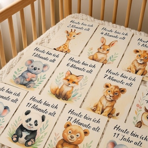 Lot de cartes pour les étapes de la naissance de bébé – 12 motifs d'animaux à l'aquarelle – Notez chaque mois – Format A4 imprimable – Téléchargement instantané – Cadeau de naissance
