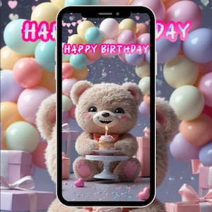 Tarjeta de cumpleaños digital de osito de peluche: vídeo animado con música, ideal para WhatsApp y correo electrónico.