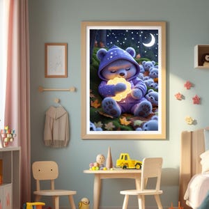 Póster Buenas noches Oso con Nube – Decoración digital para habitación infantil para descargar – Cuadro mural en formato A4 A3 A2 para imprimir