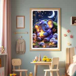 Póster Elefante abrazando a una estrella – Imagen de buenas noches para habitación infantil – Descarga digital – A4 A3 A2 – Arte imprimible para guardería
