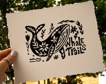 Handmade Whale Print | Original Block Print on Printmaking Paper