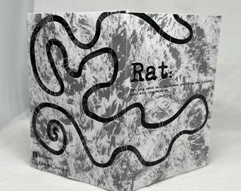 May include: Black and white illustration of a rat with a long tail and whiskers. The illustration is on a white background with a gray textured pattern. The text "Rat: Par, long naked tail, round ears, protruding eyes, a pointed snout with long whiskers." is printed below the illustration.