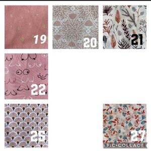 May include: A collage of 10 different fabric swatches with numbers 19, 20, 21, 22, 25, and 27. The fabrics feature various patterns, including polka dots, lace, floral, and geometric designs.