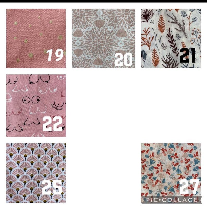May include: A collage of 10 different fabric swatches with numbers 19, 20, 21, 22, 25, and 27. The fabrics feature various patterns, including polka dots, lace, floral, and geometric designs.