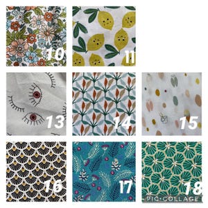May include: A collage of 10 different fabric swatches with various patterns, including floral, geometric, and abstract designs. The swatches are numbered 10 through 18.