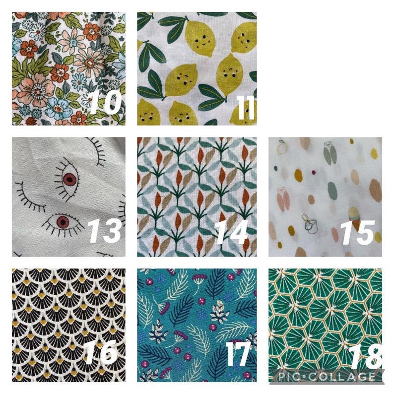 May include: A collage of 10 different fabric swatches with various patterns, including floral, geometric, and abstract designs. The swatches are numbered 10 through 18.