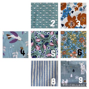 May include: A collage of ten different fabric swatches in various patterns and colors, including floral, geometric, and striped designs. The swatches are numbered 2 through 9.