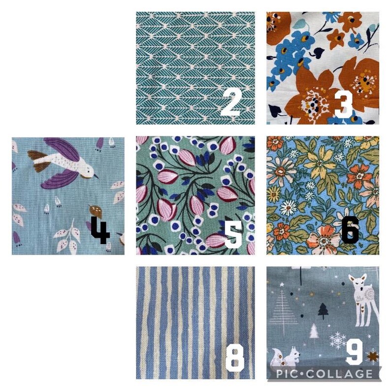 May include: A collage of ten different fabric swatches in various patterns and colors, including floral, geometric, and striped designs. The swatches are numbered 2 through 9.