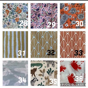 May include: A collage of 10 different fabric swatches, each with a unique pattern. The swatches are numbered 28 through 36. The fabrics include floral prints, geometric patterns, and animal prints.