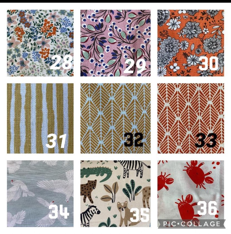 May include: A collage of 10 different fabric swatches, each with a unique pattern. The swatches are numbered 28 through 36. The fabrics include floral prints, geometric patterns, and animal prints.