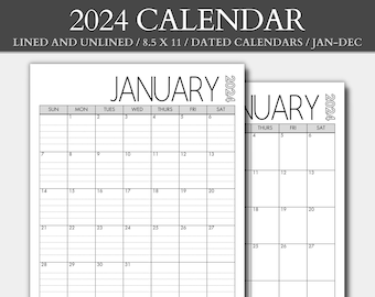 Calendario mensual fechado 2024 / Forrado y sin forro / 8,5 x 11 pulgadas / Retrato / Calendario de pared de 12 meses / Enero - Diciembre / Imprimible