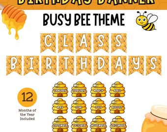 Banner de cumpleaños de clase con temática de abejas con meses del año y etiquetas con nombres de abejas