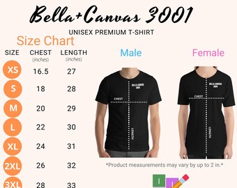 Bella + Canvas 3001 Camiseta premium unisex Tabla de tallas (pulgadas/cm), Tabla de tallas digital, Bella + Canvas T-Shirt Mockup Tabla de tallas