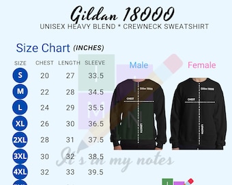 Gildan 18000 Sudadera de cuello redondo de mezcla pesada unisex Tabla de tallas en pulgadas y cm / Sudadera negra Tabla de tallas simulada