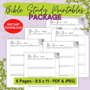 May include: A printable Bible study package with six pages, each with a different study method, such as "IDEA", "WORD", "SOAP", "HEAR", "REAP", and "ACTS". The pages are designed with a gray floral pattern and include prompts for reflection and journaling.