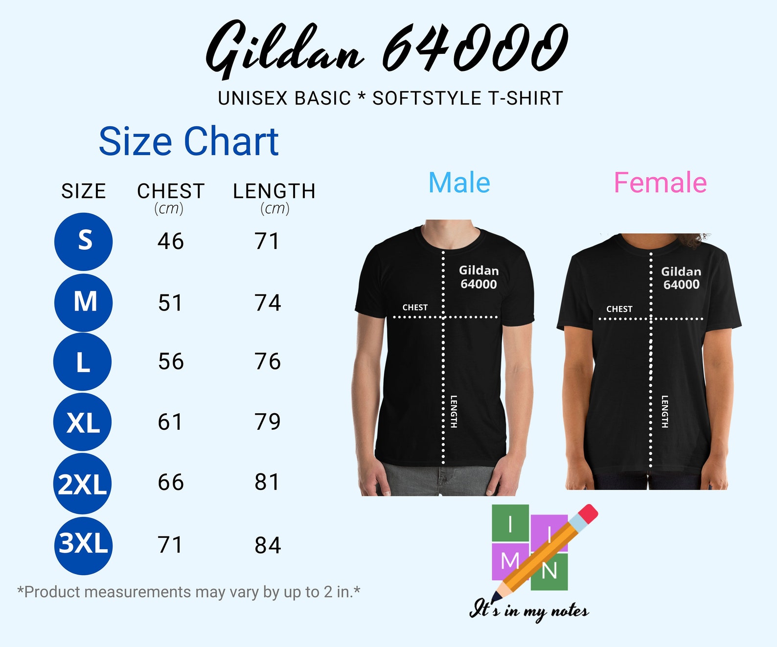 Gildan 64000 Unisex T-shirt Size Chart inches/cm, Digital Sizing Chart ...