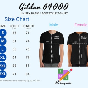 Gildan 64000 Unisex T-shirt Size Chart (inches/cm), Digital Sizing
