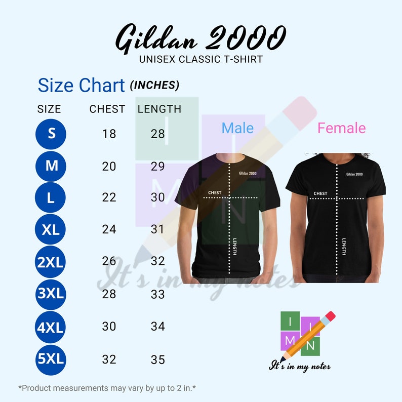 Gildan 2000 Unisex Classic T-shirt Size Chart in Inches and Cm - Etsy