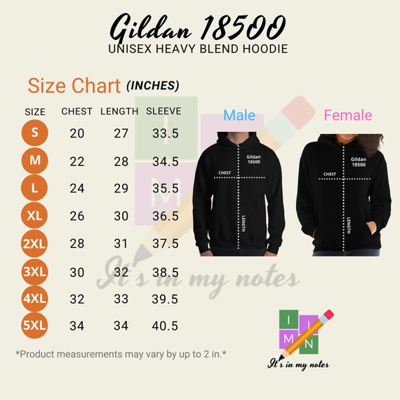 Gildan 18500 Unisex Heavy Blend Hoodie Size Chart in Inches | Etsy