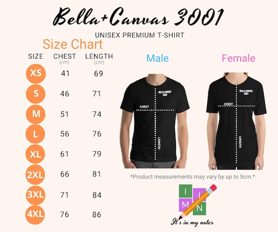 Bella + Canvas 3001 Unisex Premium T-shirt Size Chart (inches/cm
